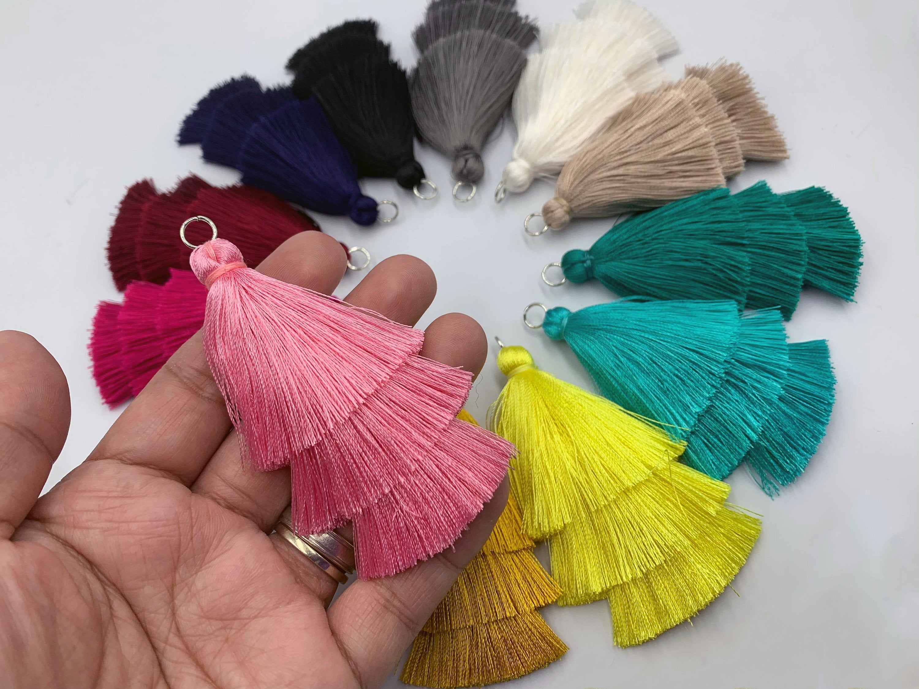 2pc 85mm, 3 Layer Silk Tassel with silver jumpring