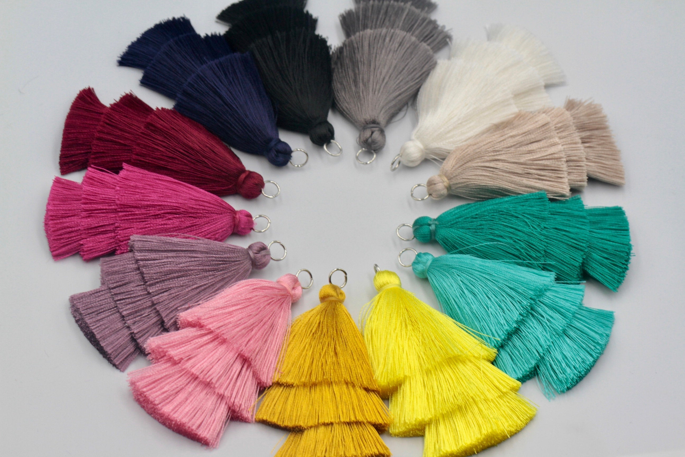 2pc 85mm, 3 Layer Silk Tassel with silver jumpring