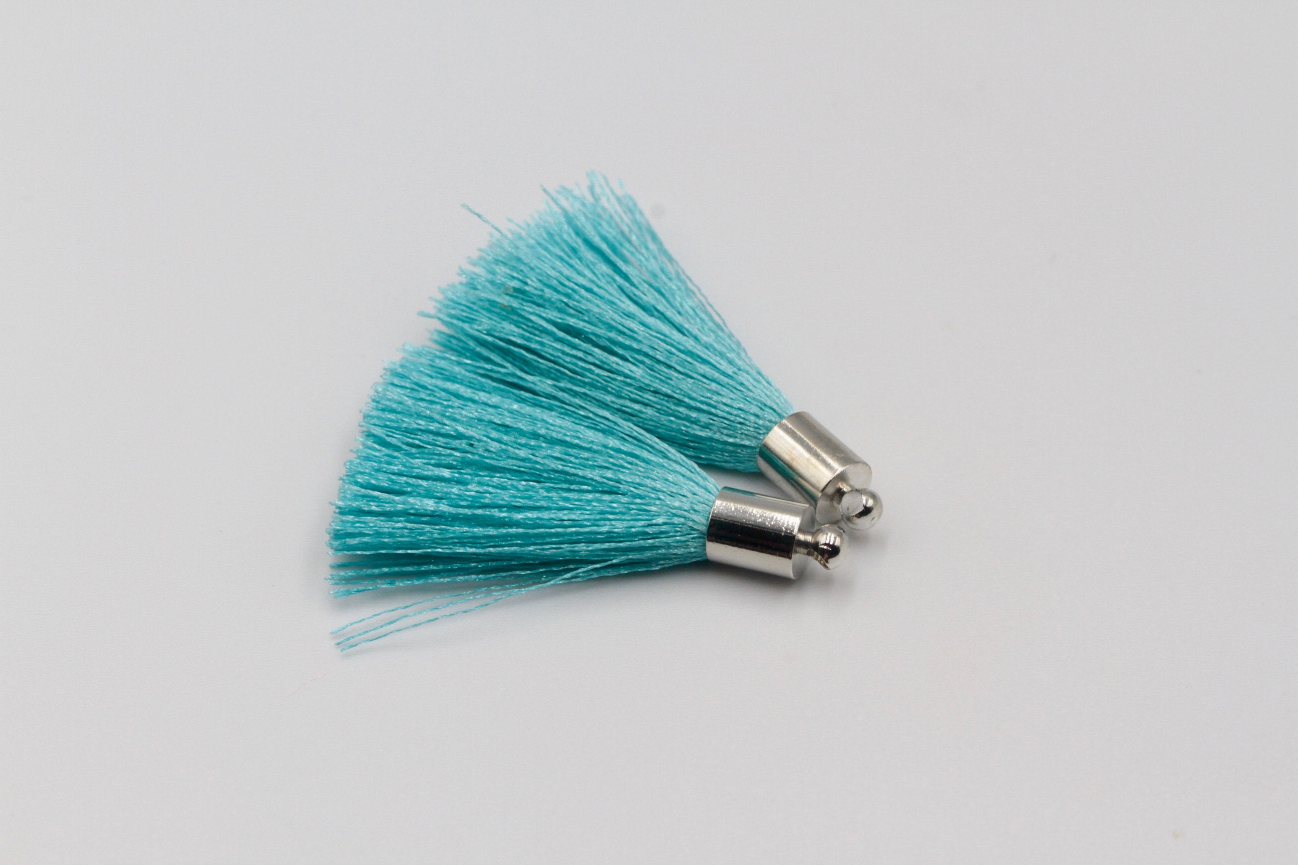2pc Approx 35-40mm, Beautiful Aquamarine Silk Tassel In Silver Cap