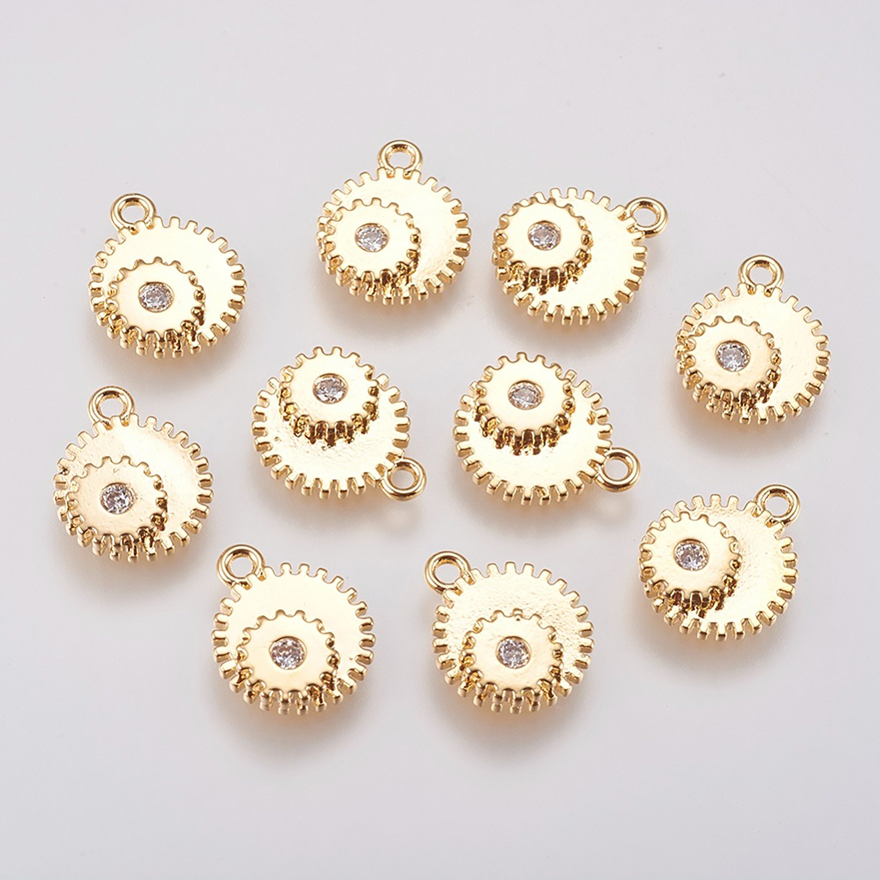 1pc, 12.5x10x2.5mm, Brass Micro Pave Cubic Zirconia Gear, Real Gold Plated