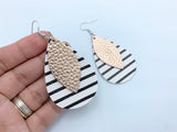 2pcs (1 pair), 56x38mm, 2 Layer PU Leather Drop Shaped Earring in Rose Gold, Black and White