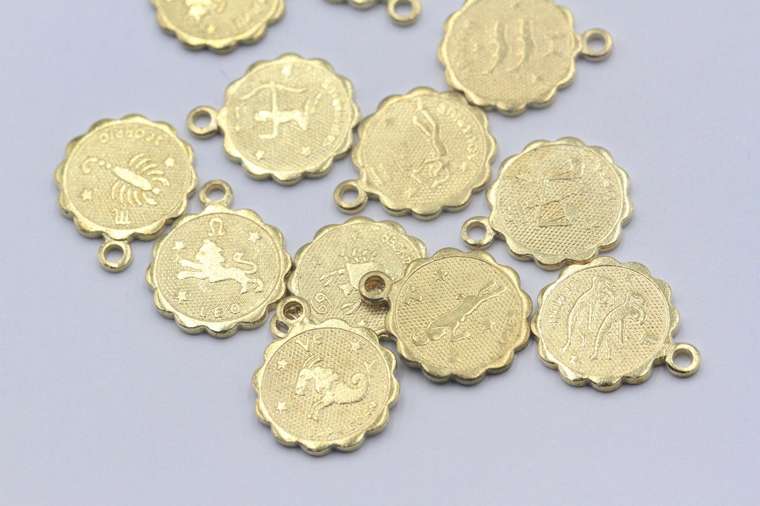 1pc/1set(12pcs), 12mm, Brass Zodiac Charm in Gold Plating