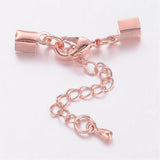 4 sets (4pcs), 12x8x3mm , Brass Clasp and Clip Ends Set / Lobster Claw Clasp with Cord Crimp and Extender Chain in Rose Gold
