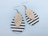 2pcs (1 pair), 56x38mm, 2 Layer PU Leather Drop Shaped Earring in Rose Gold, Black and White