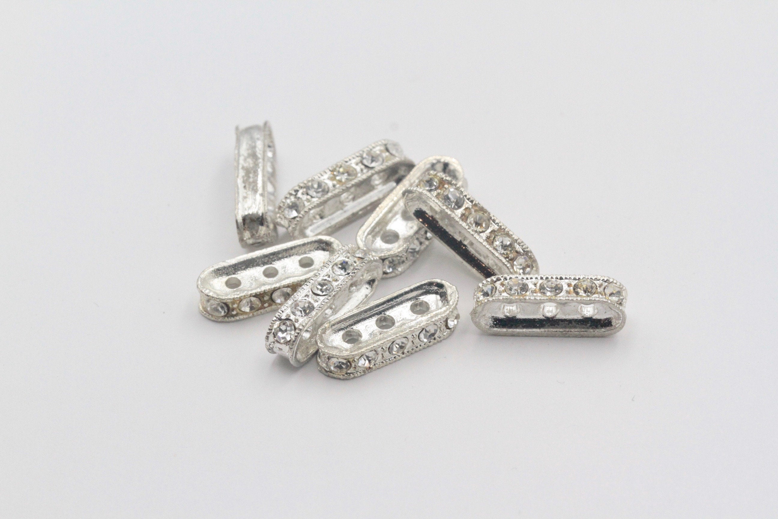 2pcs, Zinc Based Alloy 3 hole link connector with Rhinestones in silver