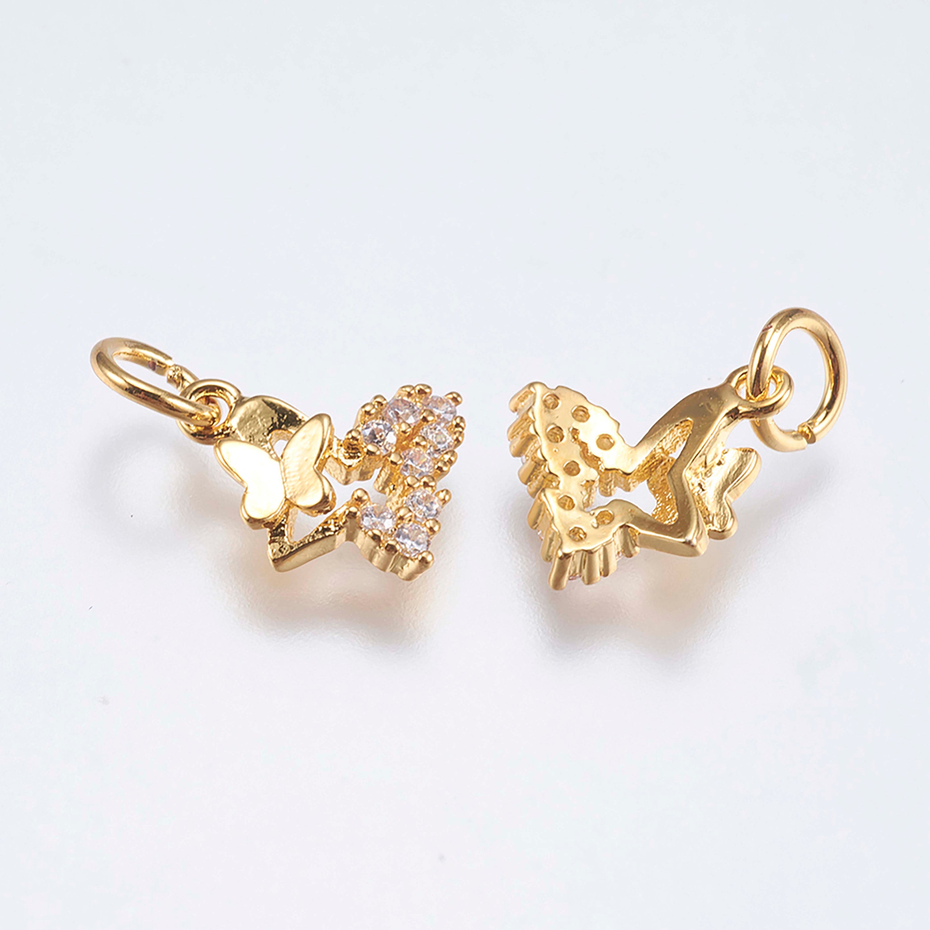 1pc, 11x10x2mm, Environmental Brass Cubic Zirconia Charms, Cadmium Free & Lead Free, Butterfly, Real Gold Plated