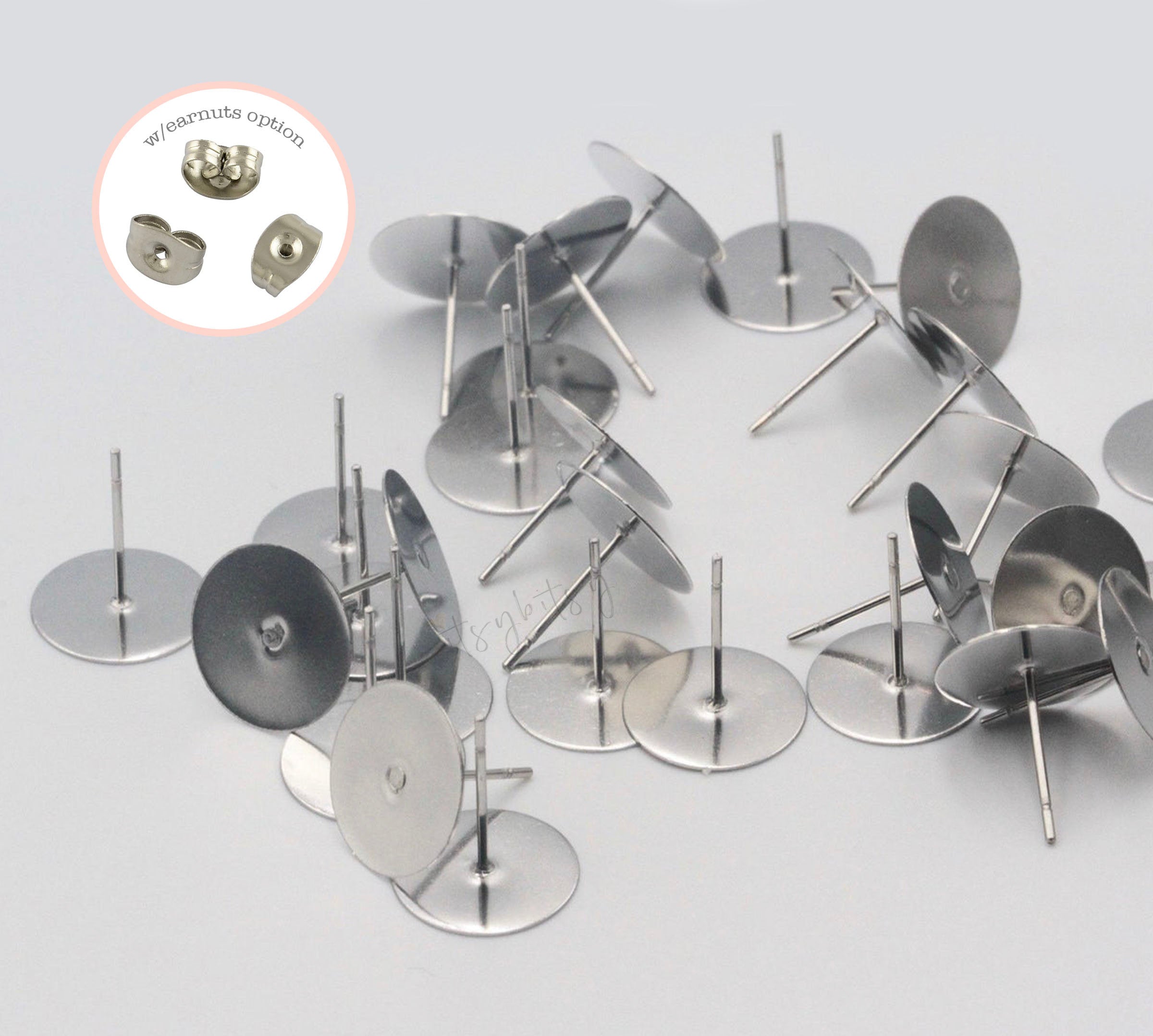 50pcs (25pairs), 12mm, 316 Stainless Steel / Surgical Grade Steel Flat Round Blank Peg Ear Stud Components, Stainless Steel Color