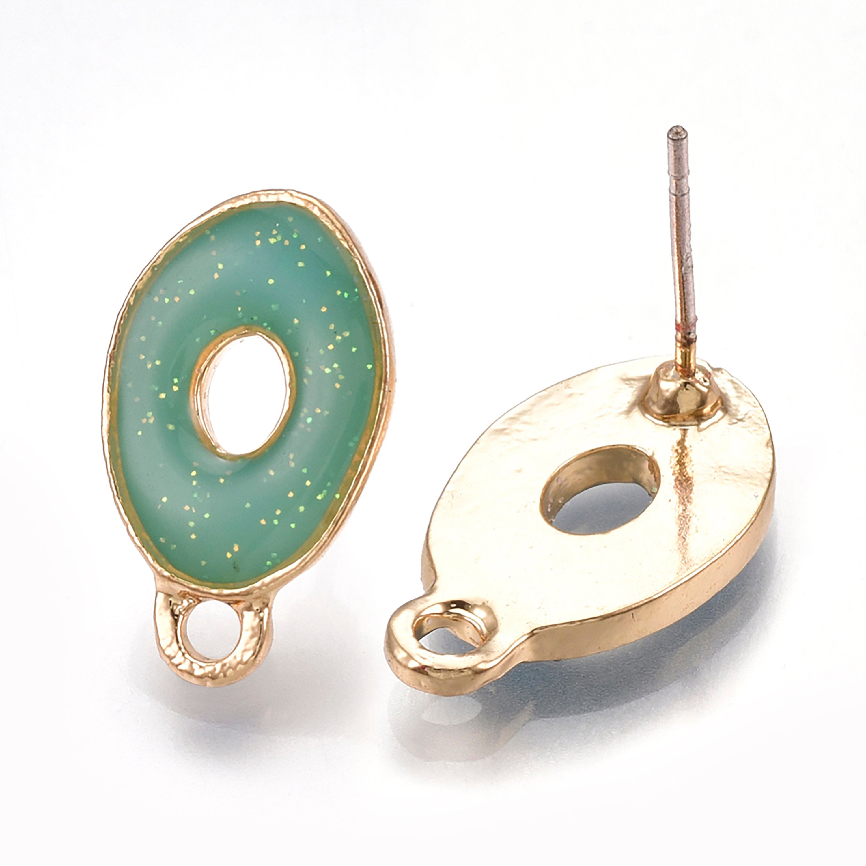 2pcs, 17x10mm, Donut Oval Shaped Enamel Ear Stud with glitter and sterling silver pin in light gold setting