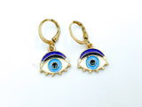 1 pair, 31mm x 15mm , Hoop Earrings Gold Plated Blue & Black Evil Eye