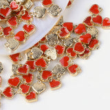2pcs, 8x7.5x2.5mm, Alloy Enamel Pendant, Heart in Red and Gold Setting
