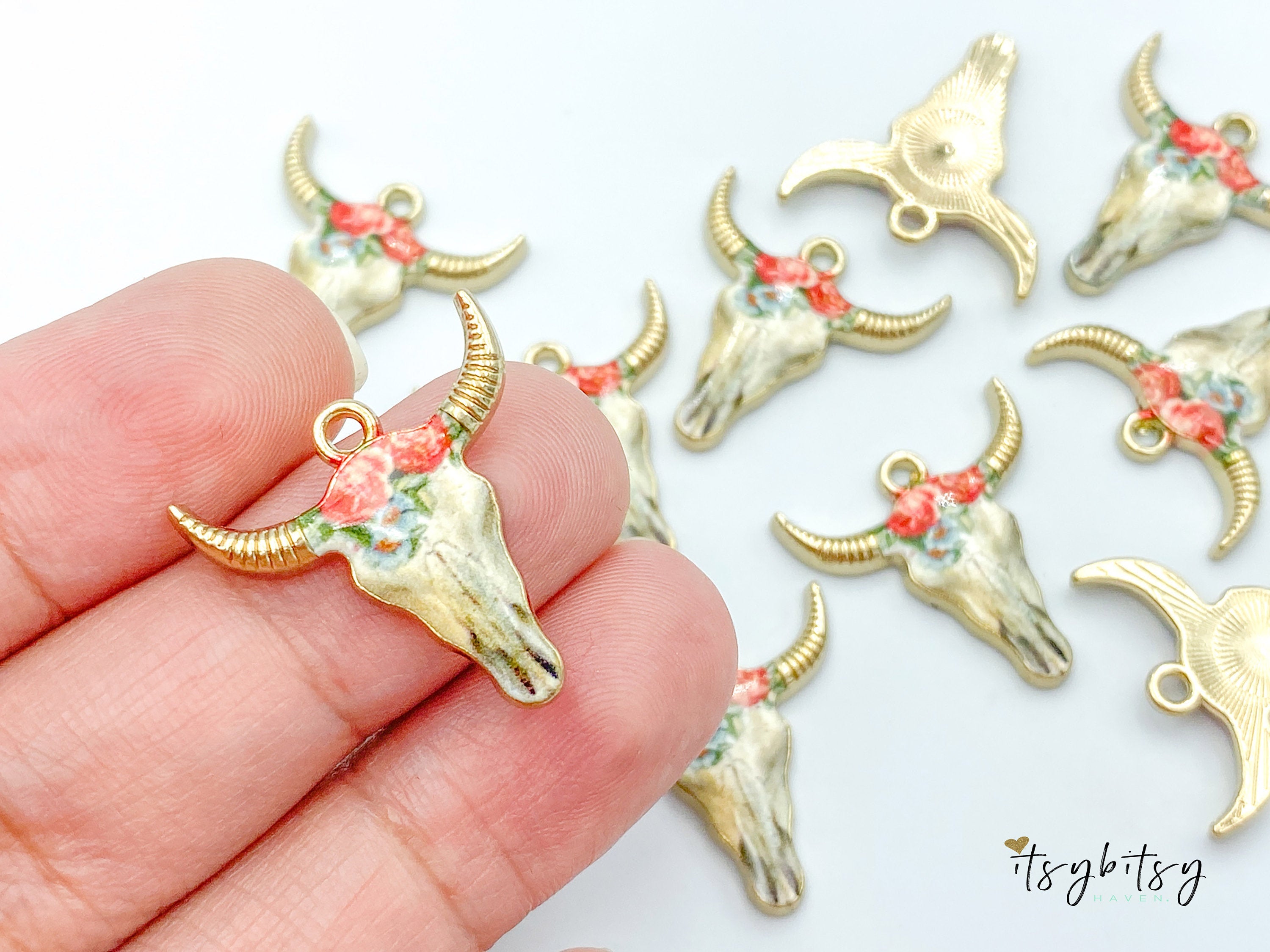 2pcs, 22x21mm, Zinc Based Alloy Bohemian Boho Charms Bull Cow Animal charm in Gold Plating, Coral and Light Blue Floral Enamel