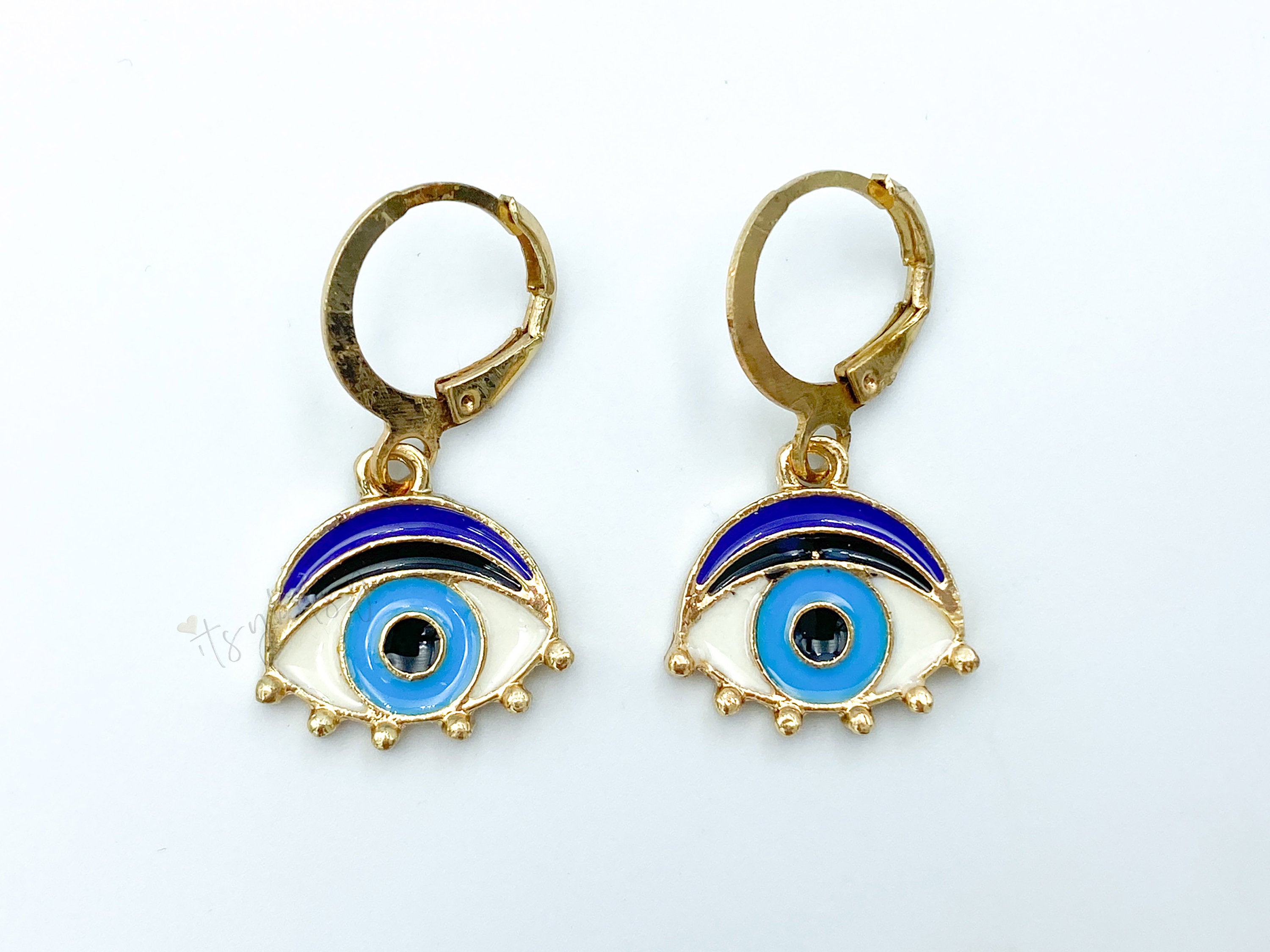 1 pair, 31mm x 15mm , Hoop Earrings Gold Plated Blue & Black Evil Eye