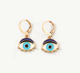 1 pair, 31mm x 15mm , Hoop Earrings Gold Plated Blue & Black Evil Eye