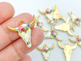 2pcs, 22x21mm, Zinc Based Alloy Bohemian Boho Charms Bull Cow Animal charm in Gold Plating, Pink Floral Enamel
