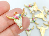 2pcs, 22x21mm, Zinc Based Alloy Bohemian Boho Charms Bull Cow Animal charm in Gold Plating, Pink Floral Enamel
