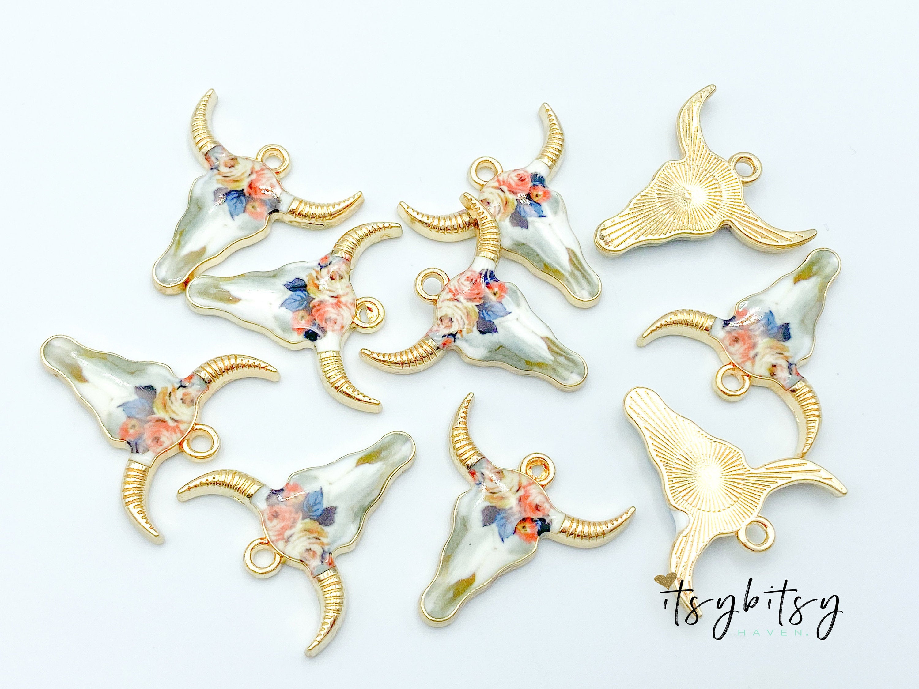 2pcs, 22x21mm, Zinc Based Alloy Bohemian Boho Charms Bull Cow Animal charm in Gold Plating, Blush and Blue Floral Enamel