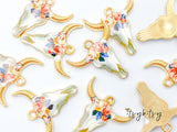 2pcs, 22x21mm, Zinc Based Alloy Bohemian Boho Charms Bull Cow Animal charm in Gold Plating, Blush and Blue Floral Enamel