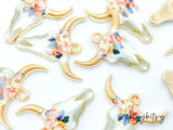 2pcs, 22x21mm, Zinc Based Alloy Bohemian Boho Charms Bull Cow Animal charm in Gold Plating, Blush and Blue Floral Enamel