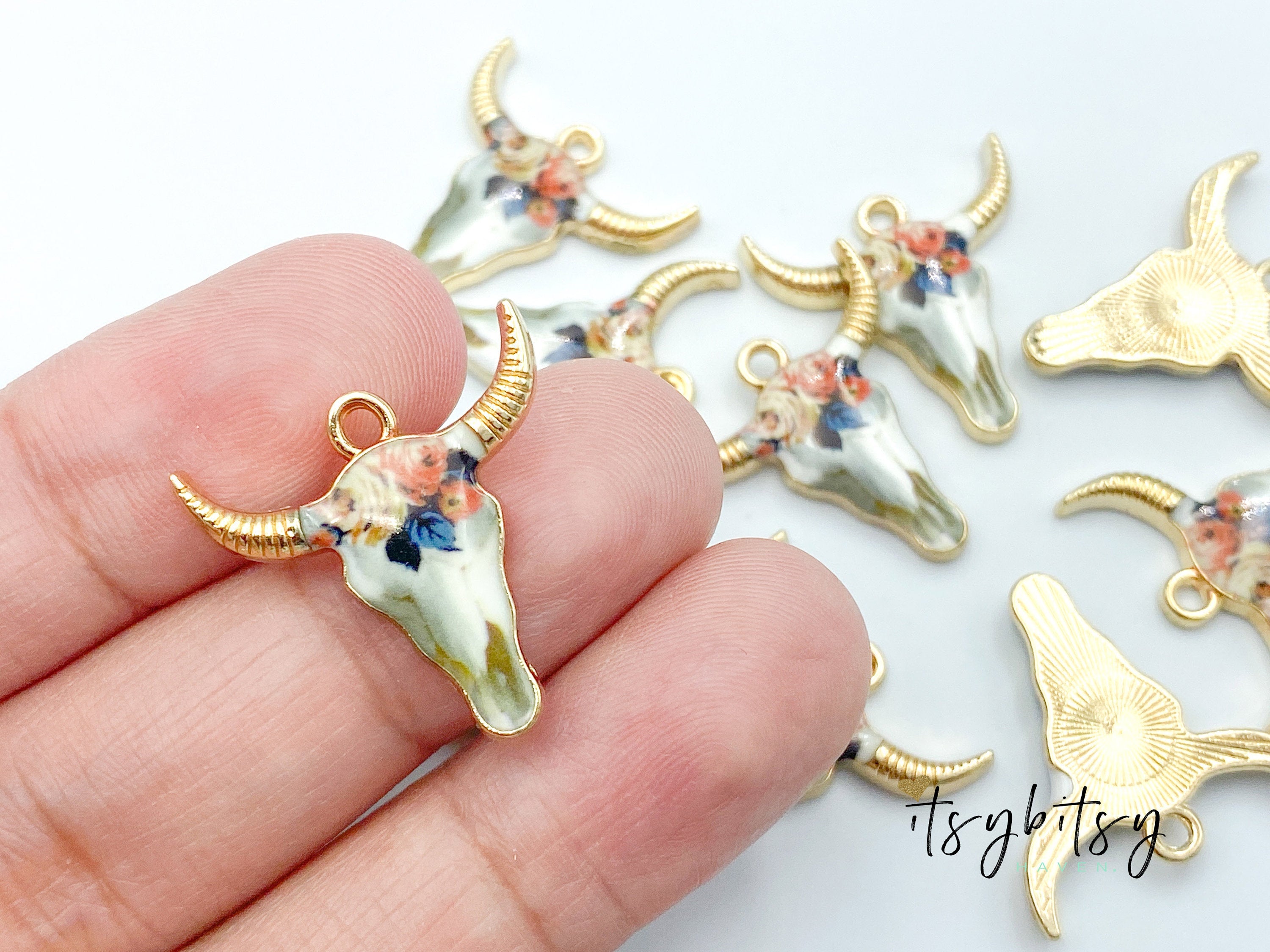 2pcs, 22x21mm, Zinc Based Alloy Bohemian Boho Charms Bull Cow Animal charm in Gold Plating, Blush and Blue Floral Enamel