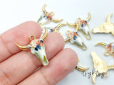 2pcs, 22x21mm, Zinc Based Alloy Bohemian Boho Charms Bull Cow Animal charm in Gold Plating, Blush and Blue Floral Enamel