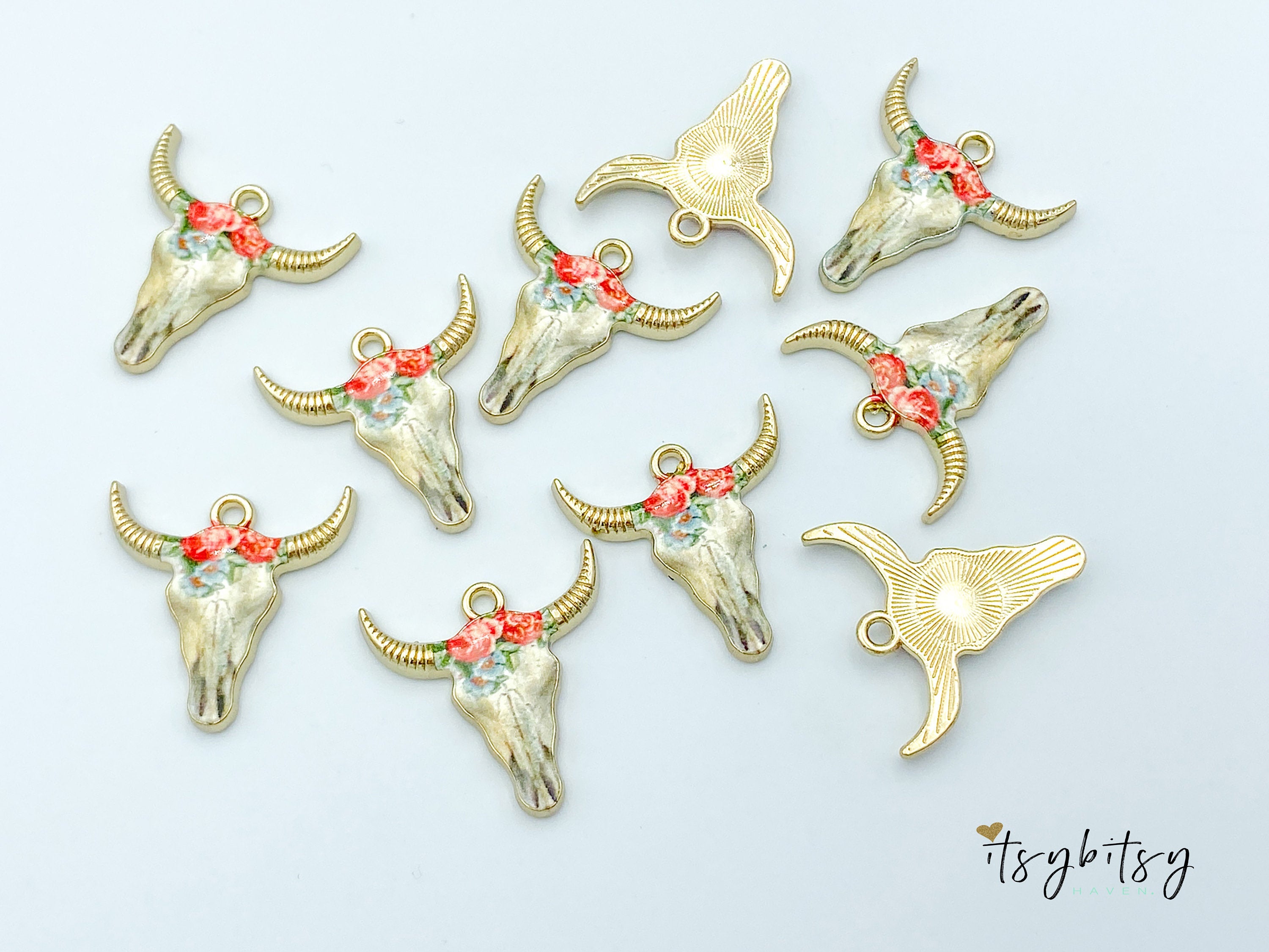 2pcs, 22x21mm, Zinc Based Alloy Bohemian Boho Charms Bull Cow Animal charm in Gold Plating, Coral and Light Blue Floral Enamel