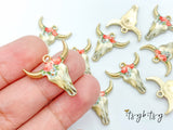 2pcs, 22x21mm, Zinc Based Alloy Bohemian Boho Charms Bull Cow Animal charm in Gold Plating, Coral and Light Blue Floral Enamel