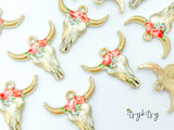 2pcs, 22x21mm, Zinc Based Alloy Bohemian Boho Charms Bull Cow Animal charm in Gold Plating, Coral and Light Blue Floral Enamel