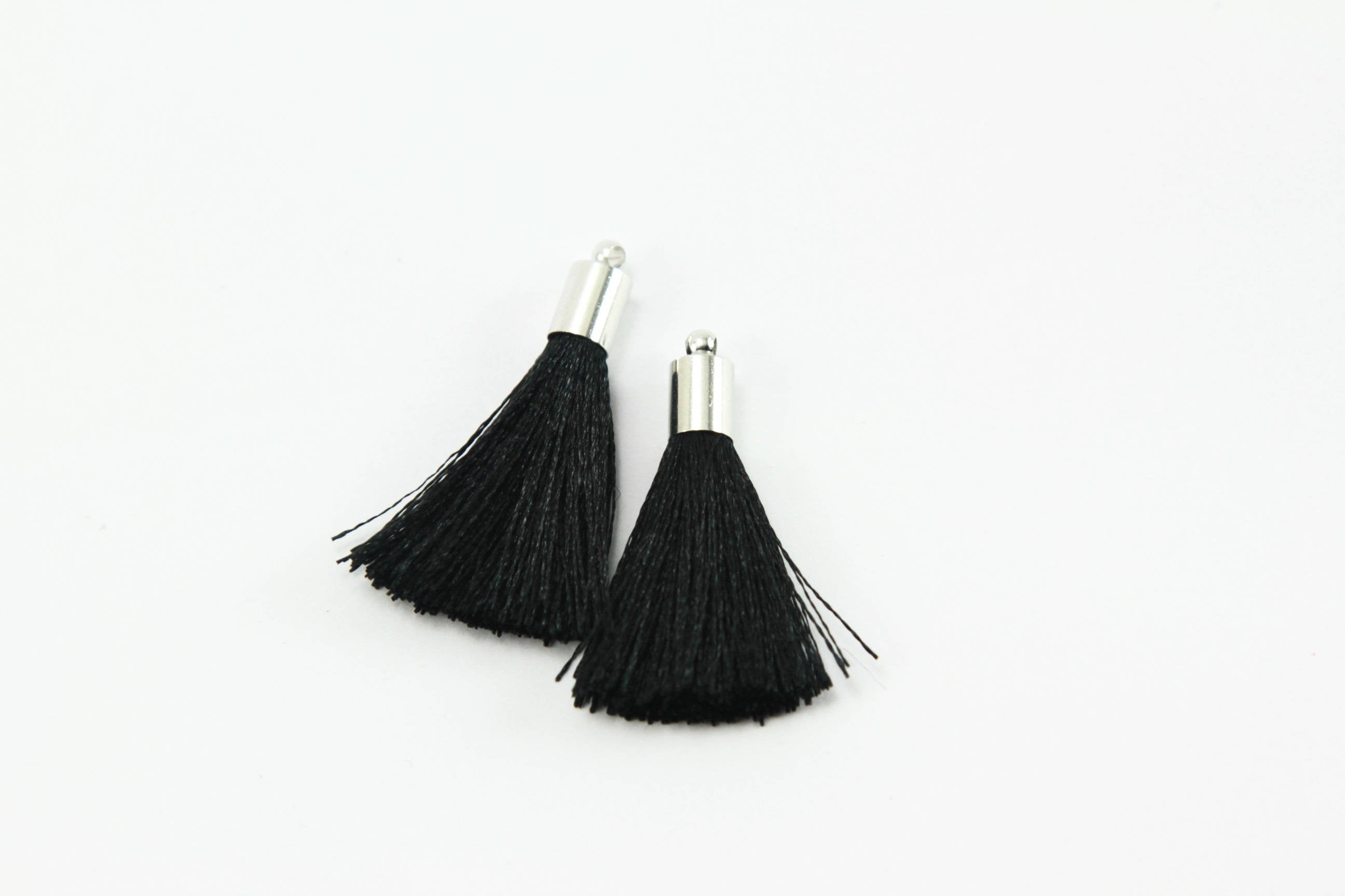 2pc Approx 35-40mm, Beautiful Black Silk Tassel In Silver Cap