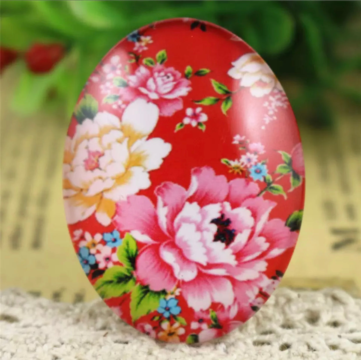 1pc, 30x40mm, Big Handmade Floral Photo Glass Cabochons, Oval
