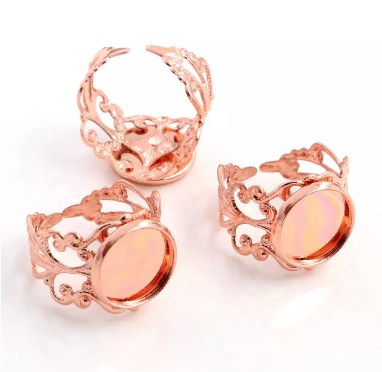 2pcs, 12mm, adjustable lead free and nickel free Copper Ring Components, with round Cabochon Setting In RoseGold