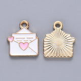 2pcs, Alloy Enamel Pendants, Envelope with heart, Light Gold in PearlPink