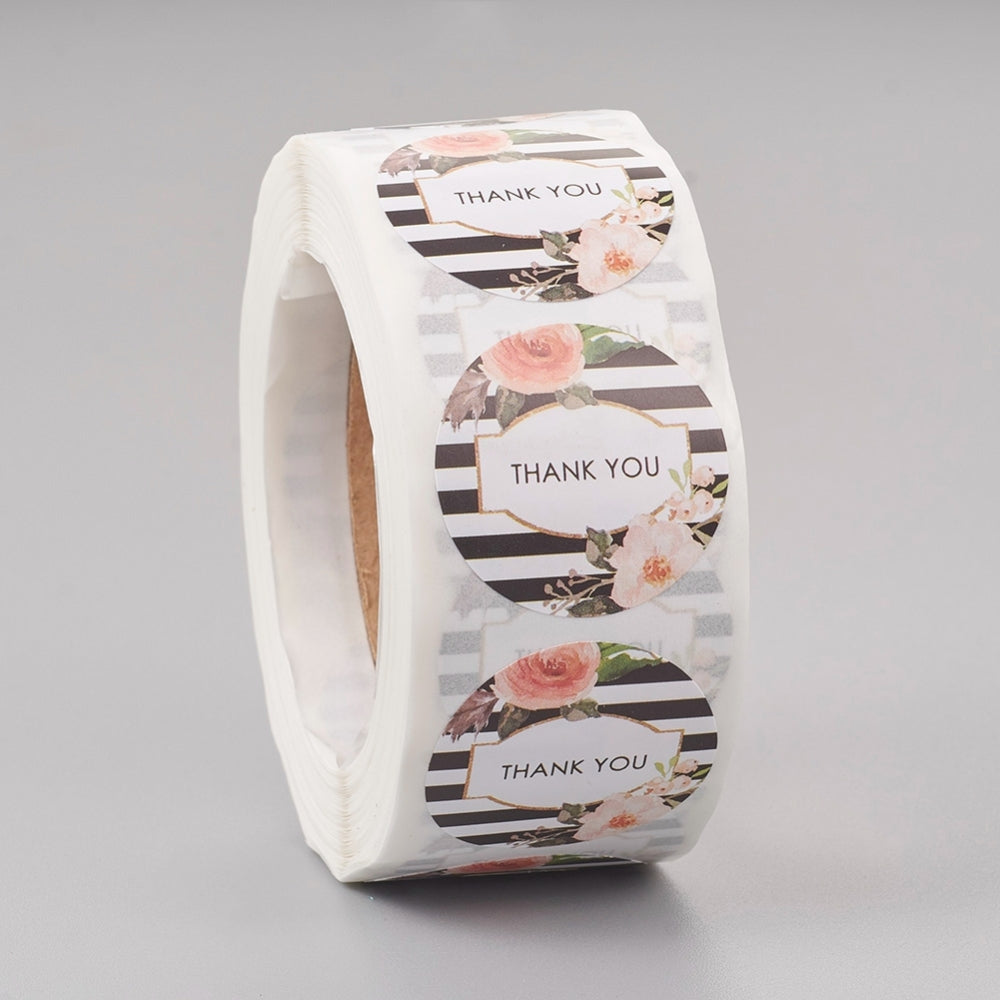1 Roll (500pcs/roll), 25mm, Thank You Round Stickers Labels in Black & White, floral